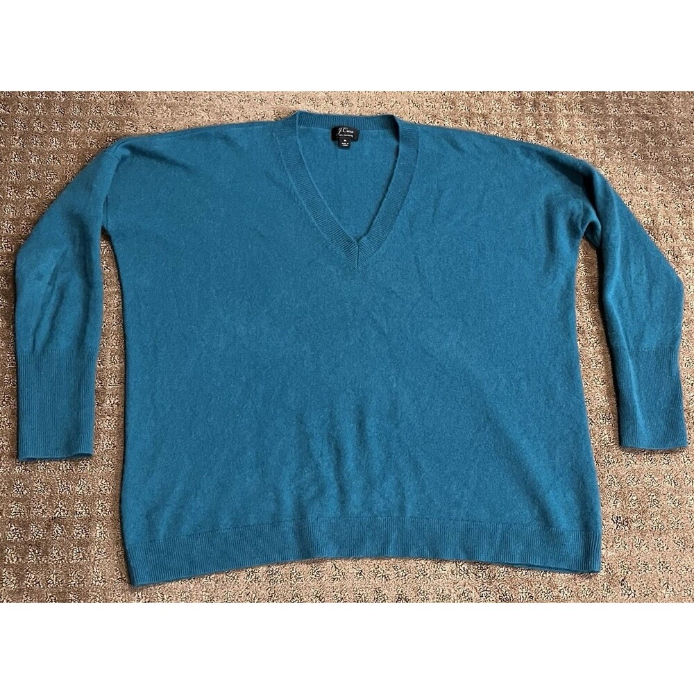 J Crew 100% Cashmere Sweater Women Size Medium Teal/Green V Neck 3/4 Sleeve